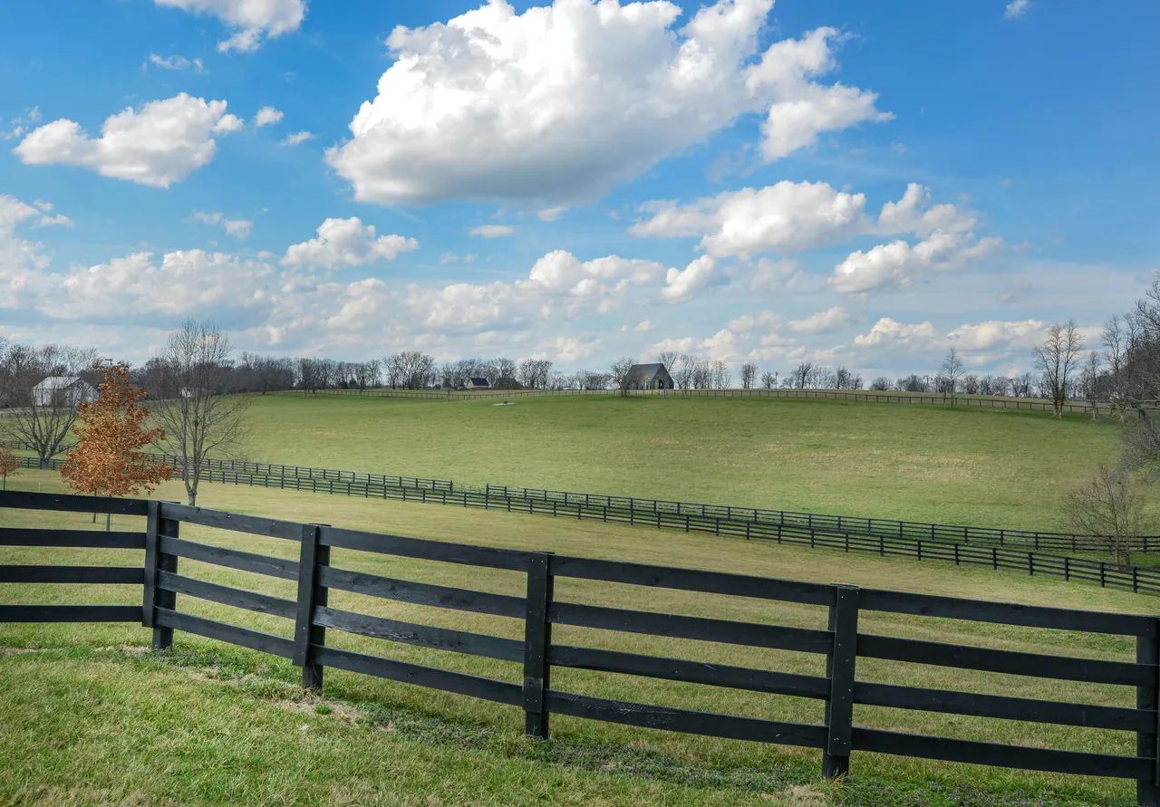 Black plank fences crossing a green hillside pasture under a blue sky with white clouds