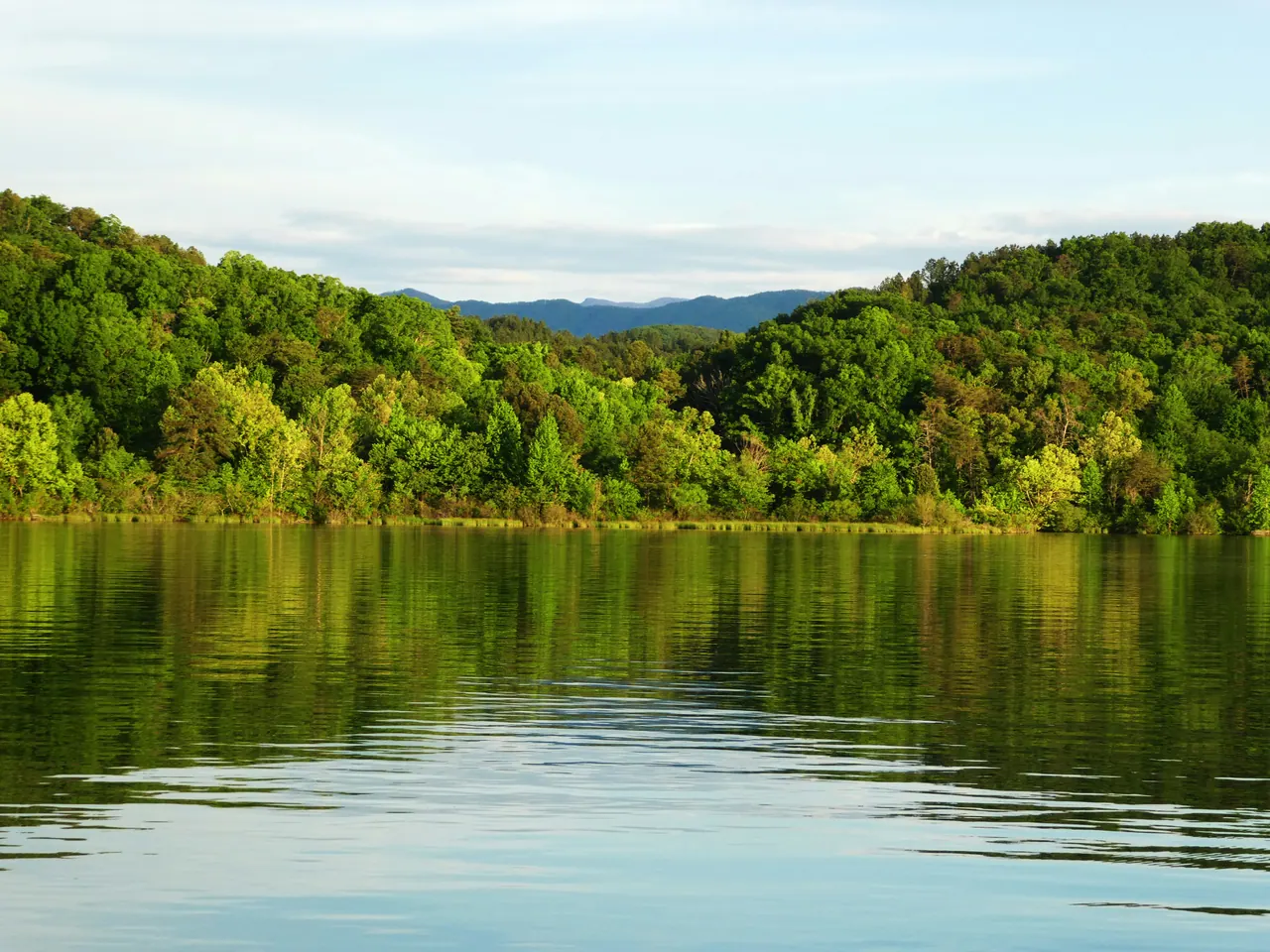 Calm lake reflecting wooded green hills with blue mountains beyond