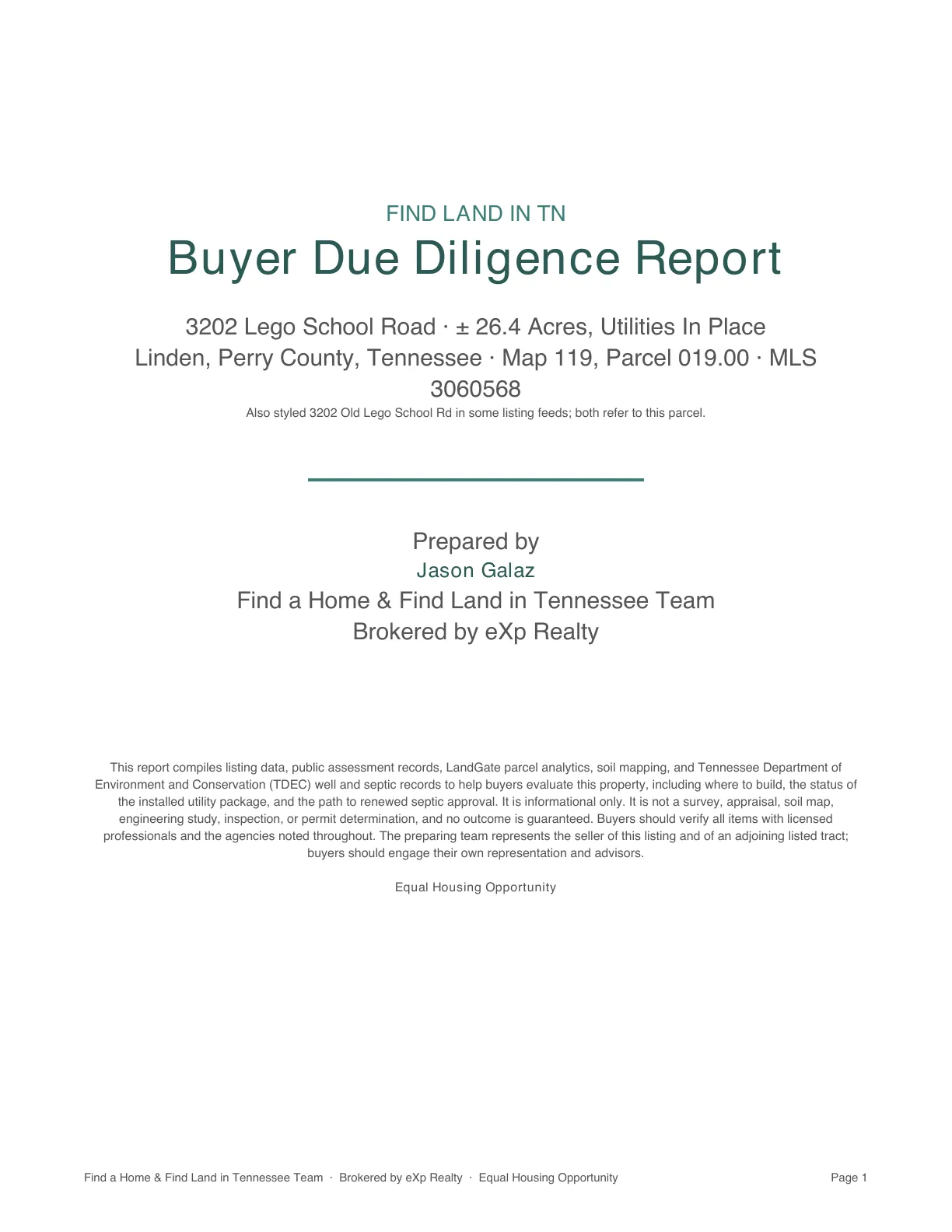 Cover of the sample Find Land in TN Buyer Due Diligence Report, prepared by Jason Galaz for the Find a Home & Find Land in Tennessee Team, brokered by eXp Realty, with Equal Housing Opportunity at the foot.