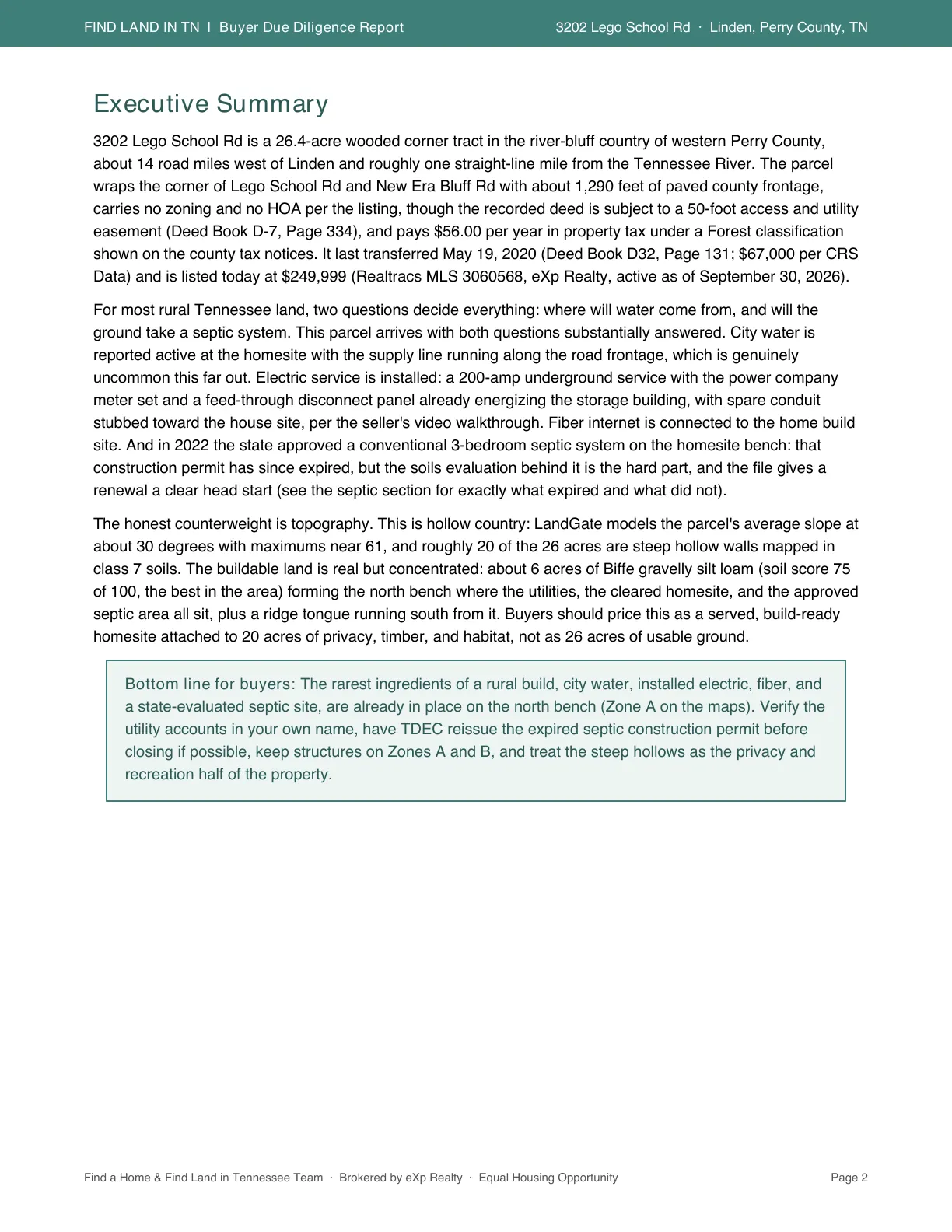 Executive summary page. It introduces the parcel, sets out the two questions that decide most rural Tennessee land, water and septic, and closes with a boxed bottom line for buyers.